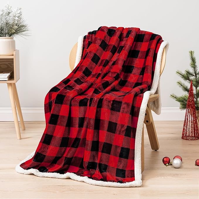 PAVILIA Black and Red Buffalo Plaid Sherpa Throw Blanket for Couch, Plush Red Black Checkered Fleece Blanket and Throws, Soft Fuzzy Flannel Blanket for Sofa Bed, Warm Cozy Winter Blanket Gift, 50x60
