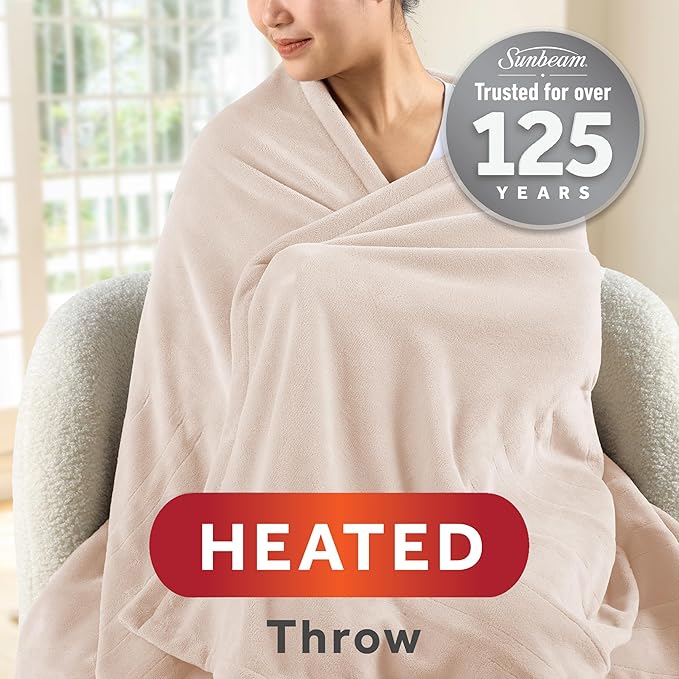 Sunbeam Electric Throw Royal Posh Velvet Heated Blanket, 4 Heat Settings, 4-Hour Auto Shut-Off, Fast Heating, Lush, Silky, and Ultra Comfy, Champagne Color, 50" x 60"