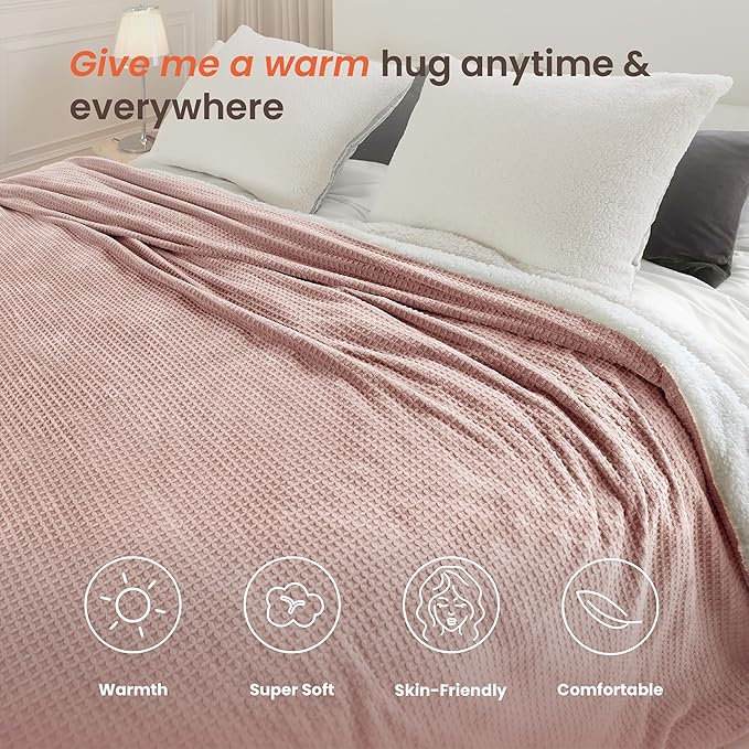 Heated Blanket Electric Blanket King Waffle, 90x100 Inches Dual Controllers Sherpa Fleece Fast Heating Blanket 6 Heating Levels & 10 Hours Auto Off ETL Certification, Pink King