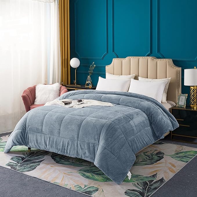 KASENTEX Super Ultra Soft Luxury Plush Sherpa Comforter, Cozy Reversible Faux Fur Machine Washable Bedding, Grey Blue, Twin/Twin XL Size