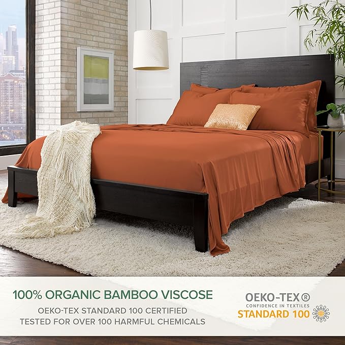 Queen Sheets by Pure Bamboo, Genuine 100% Organic Viscose Derived from Bamboo Bed Sheet Set, Luxuriously Soft & Cooling, Double Stitching, Lifetime Quality Promise (Queen, Terracotta)