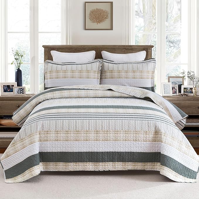 Homzard Quilt King Size - Cotton King Size Comforter,Beige Grey Plaid Bedding Set,Striped Bedspread Set(106 * 98 Inches),3 Piece