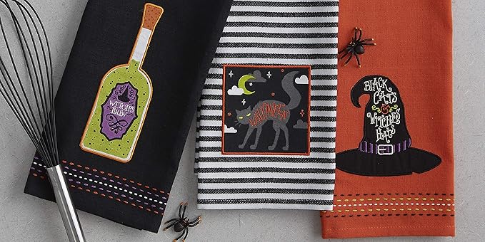 DII Happy Halloween Dishtowel Collection Embellished Cotton Kitchen Hand Towel Set, 18x28, Bewitched Potion, 3 Count