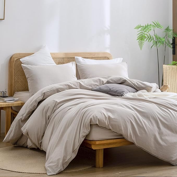 BESTOUCH Duvet Cover Set 100% Washed Cotton Linen Feel Super Soft Comfortable Chic Lightweight 3 PCs Home Bedding Set Solid Linen Grey Cal King