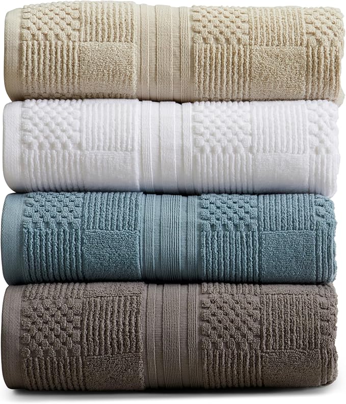 Springtree Home 100% Cotton Bath Towel Set of 4 | Beige Towels | Geometric Textured Design | Absorbent & Quick-Dry | 4 Bath Towels | Oeko-TEX® Standard 100 Cotton | Myla Collection - Sandshell