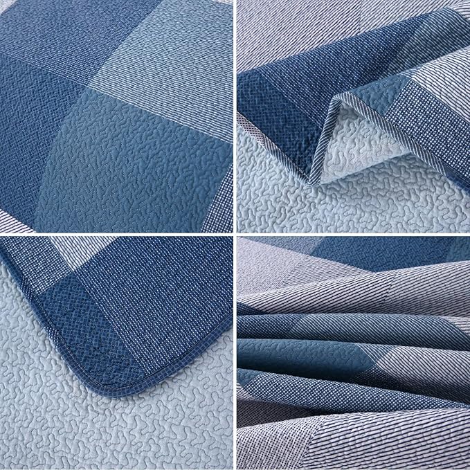 vctops Cotton Quilted Patchwork Quilt Set Queen Size Farmhouse Blue Plaid Bedspreads Coverlet 3 Pieces Summer Lightweight 1 Quilt and 2 Pillow Shams for All Season (Plaid A,Queen)