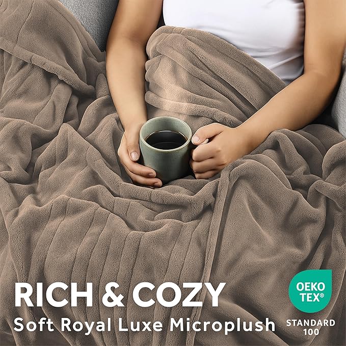 Sunbeam Electric Royal Luxe Microplush Heated Blanket, 12 Heat Settings, 12-Hour Auto Shut-Off, Fast Heating, Warm & Cozy, Machine Washable, Mushroom Color, King (90" x 100")