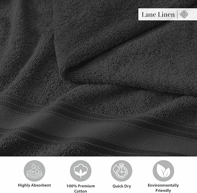 LANE LINEN 12 Pack Premium Towels for Bathroom – 100% Cotton, Zero Twist, 4 Bath, 4 Hand Towel & 4 Wash Cloths, Highly Absorbent, Remains Soft After Wash, Hotel & Spa Quality – Black
