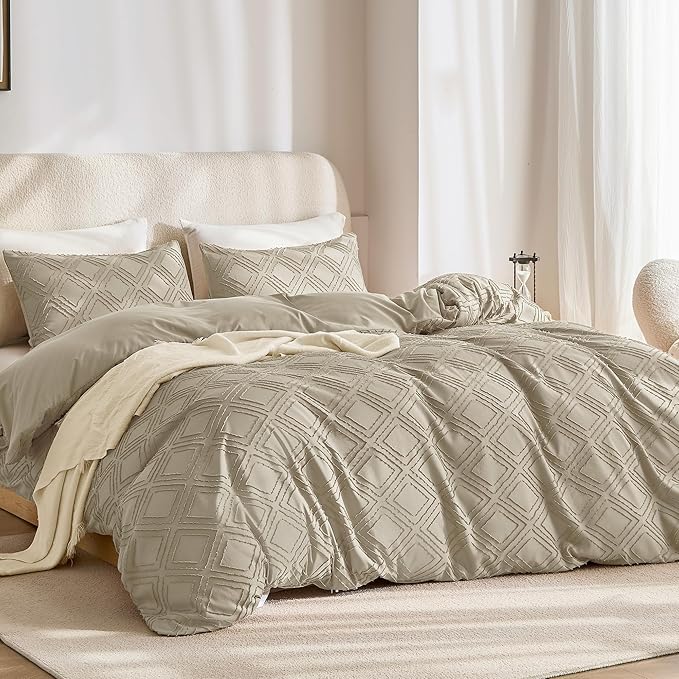 JELLYMONI Duvet Cover Full Size Khaki - 3PCS Boho Duvet Cover Set Plaid Polyester Tufted Bohemian Jacquard Knit Textured Comforter Cover 80×90in Rhombic Geometric Pattern Corner Ties & Zipper