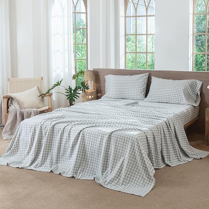MooMee Gingham Sheet Set 100% Washed Cotton Linen Like Textured Breathable Soft w/Fully Elasticized 16-19" Deep Pocket (Classic Gingham Northern Droplet Grey, Queen)