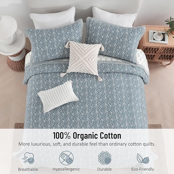 Quilt Set Queen Size - 100% Cotton Blue and White Quilt, Floral Reversible Bedspread Bedding Set, Lightweight Botanical Pattern Coverlet with 2 Pillow Shams, 3-Piece All Season, 90x98
