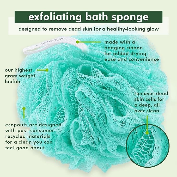 EcoTools Exfoliating EcoPouf, Shower Loofah Scrubs & Cleanses, Pouf with Recycled Netting, Exfoliation Removes Dead Skin, Eco-Friendly Bath Accessory, Cruelty-Free, Color May Vary, 6 Count (60g)