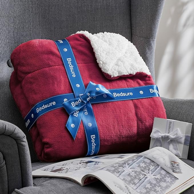 Bedsure GentleSoft Sherpa Fleece Blankets Queen Size for Bed - Thick and Warm Throw for Girls and Women, Soft Fuzzy Plush Queen Christmas Blanket for Winter, Red, 90x90 Inches