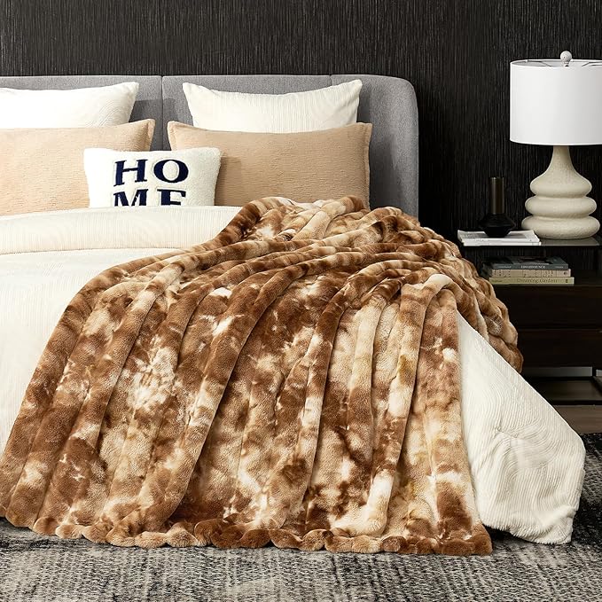 Cozy Bliss Faux Fur Throw Blanket for Couch, Fuzzy Soft Plush Thick Striped Blanket for Sofa Bedroom Living Room, 60 * 80 Inches Tie-dye Brown