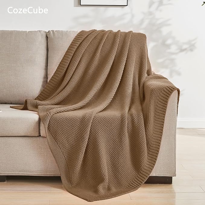 CozeCube Caramel Brown Throw Blanket for Couch, Soft Cozy Cable Knit Throw for Bed Sofa Living Room, Lightweight Warm Decorative Farmhouse Christmas Blanket, 50"x60", Light Brown