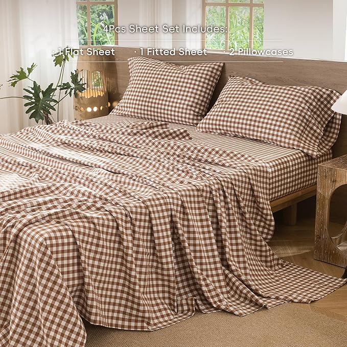 MooMee Gingham Sheet Set 100% Washed Cotton Linen Like Textured Breathable Soft w/ Fully Elasticized 16-19" Deep Pocket (Classic Gingham Dark Orange, Queen)