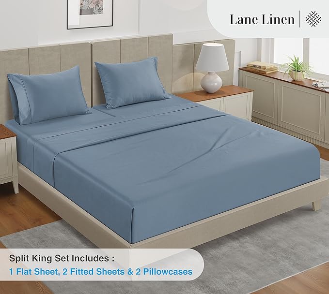 LANE LINEN Split King Sheet Sets – 450 Thread Count 100% Cotton Sheets, Soft & Breathable Sateen Weave, 15” Deep Pocket Fully Elasticized Fitted Sheet, Luxury Hotel Bedding & Pillowcases, French Blue
