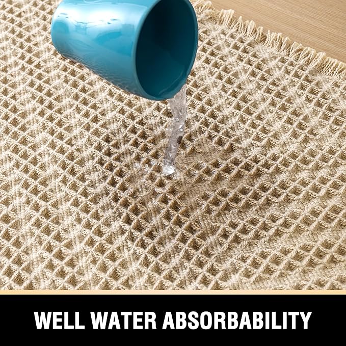 H.VERSAILTEX Waffle Bath Runner Rug Long Bath Mat Super Absorbent Boho Bath Rugs Non Slip Bath Runner for Bathroom Floor Machine Washable Dry Fast Bathroom Rugs with Tassels, 24" x 60", Sand