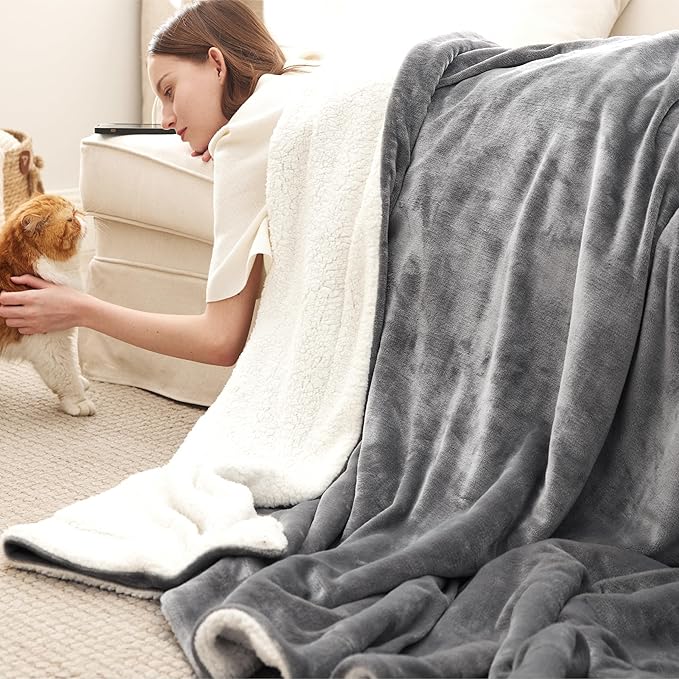 Bedsure GentleSoft Sherpa Fleece Blankets King Size for Bed - Thick and Warm Throw for Women and Men, Soft Fuzzy Plush King Blanket for Winter, Grey, 108x90 Inches