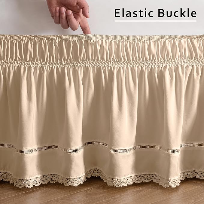 MIYE Wrap Around Ruffled Lace Bed Skirt, Elastic Dust Ruffle with Adjustable Belts, Easy to Put On, Bed Frame Cover, Machine Washable (Floral Lace/Beige, King/Queen-15 Drop)