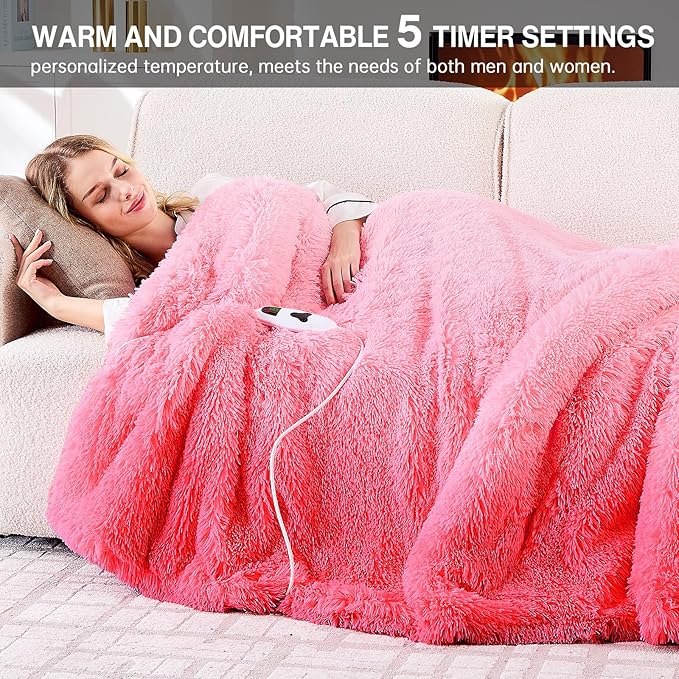 Heated Electric Blanket Heating Throw,Warm Winter Christmas Birthday Gifts for Her Women Grandma Seniors-Faux Fur Blanket with Soft Sherpa,10 Heat Settings,5 Time Settings,50x60, Baby Pink