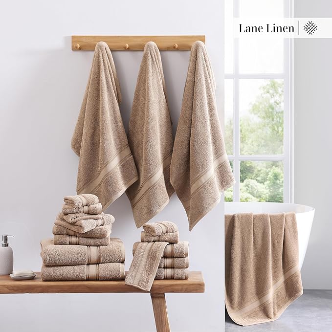 LANE LINEN Towel Sets for Bathroom - 12-Pack 100% Cotton Towels, Zero Twist, 4 Bath, 4 Hand & 4 Washcloths, Soft & Highly Absorbent, Premium Hotel & Spa-Quality Design, Easy to wash - Tapue