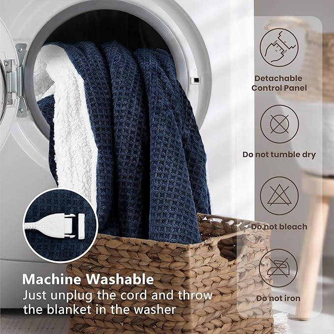 Heated Blanket Electric Blanket Queen Waffle,84x90 Inches Sherpa Fleece Fast Heating Blanket 6 Heating Levels & 10 Hours Auto Off ETL Certification, Navy Queen