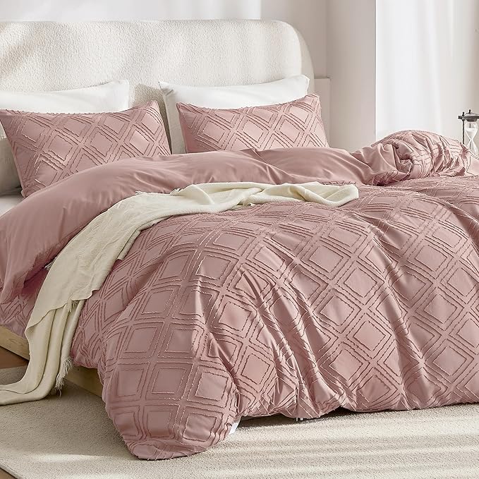 JELLYMONI Duvet Cover King Size Smokey Pink - 3PCS Boho Duvet Cover Set Plaid Polyester Tufted Bohemian Jacquard Knit Textured Comforter Cover 104×90in Rhombic Geometric Pattern Zipper Corner Tie