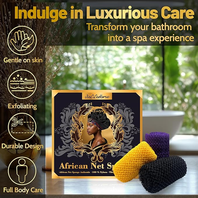 African Net Sponge Authentic,3Pack Loofah Exfoliating Body Scrubber Bath Sponge, Back Scrubber Washcloth for Shower,Gentle Exfoliator and Rich Lather for Women and Men (Black、Yellow、Purple)