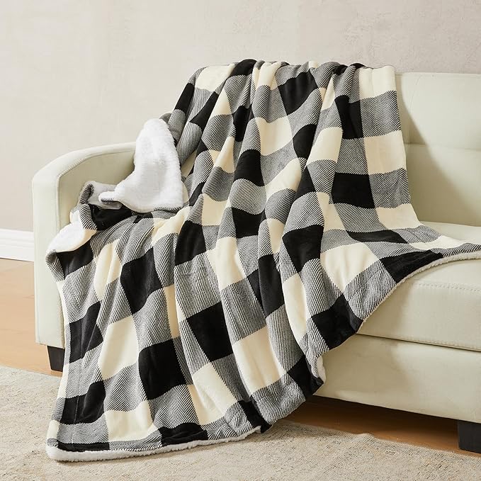 Fleece/Sherpa Throw Blanket - Super Soft Printed Blanket for Couch, Chair, or Bed - Cozy, Luxurious Plush Throw Blanket - Throw 50" x 60", Black/White Buff Check