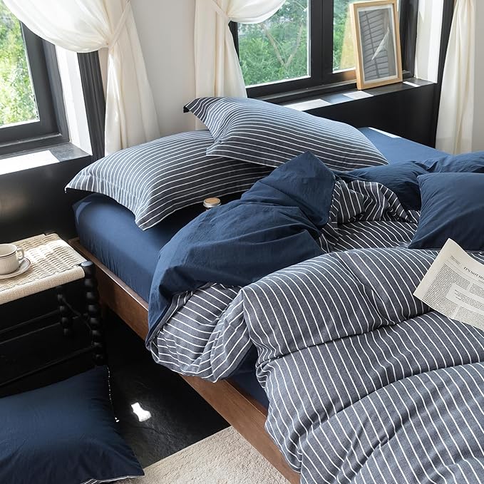 Reversible Duvet Cover Set 100% Washed Cotton Blue Stripe Linen Feel Duvet Cover Queen Size with Zipper Closure & 2 Pillow Shams,Navy/White Stripe Reverse Solid Navy