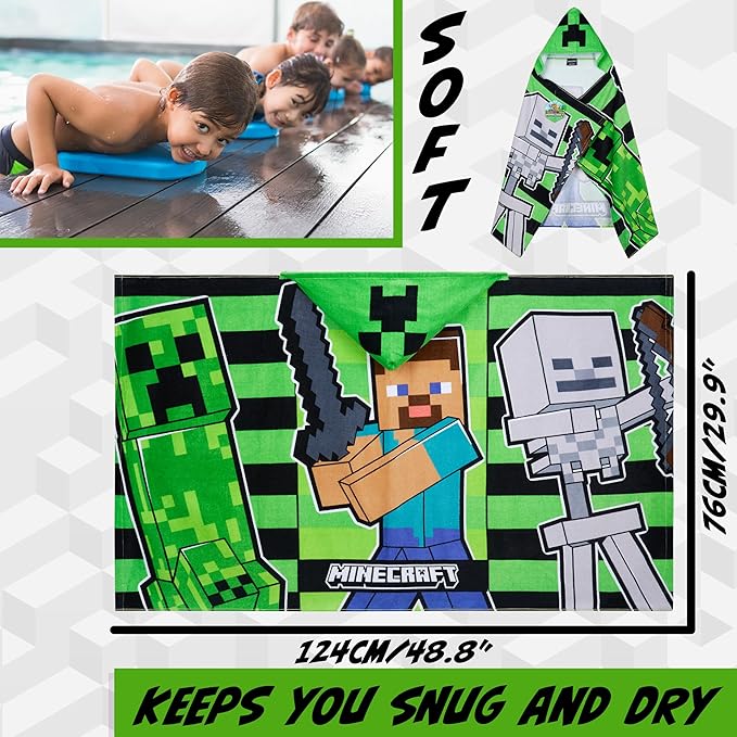 Minecraft Towelling Poncho Kids Teens Hooded Bath Towels Absorbent Beach Towel (Green/Black, 6-14 Years)