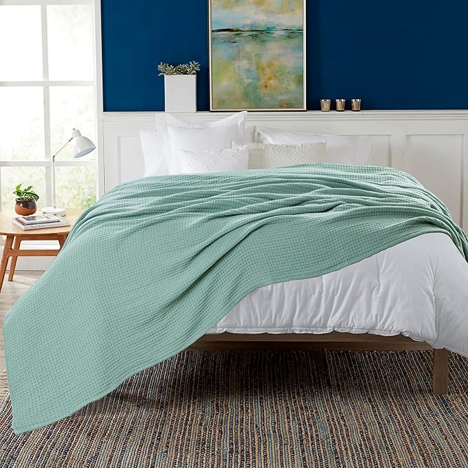 HILLFAIR 100% Combed Cotton Blanket– Queen Bed Blanket– Soft Cozy Warm Multipurpose Throws for Luxury Home Decor– 90 x 90 inch Queen Size Cotton Blankets for Beds- Bed Blankets for All Season- Sage