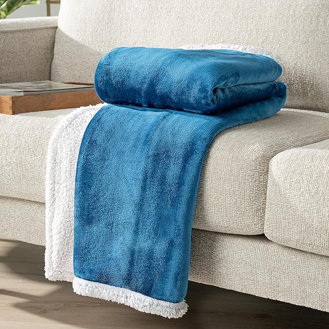 PAVILIA Sherpa Fleece Throw Blanket for Couch, Twin Size, Teal Blue, Plush Soft Fuzzy Sofa Blanket, Cozy Reversible Winter Throw for Women Men, 60x80 Inches