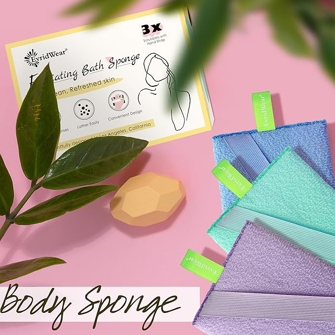 Evridwear Exfoliating Bath Sponge, Daily Skincare Body Scrubbers Loofah Shower Pads with Strap for Body Cleansing, Dead Skin Cell Remover, 3 Count Value Pack(Macaroon)