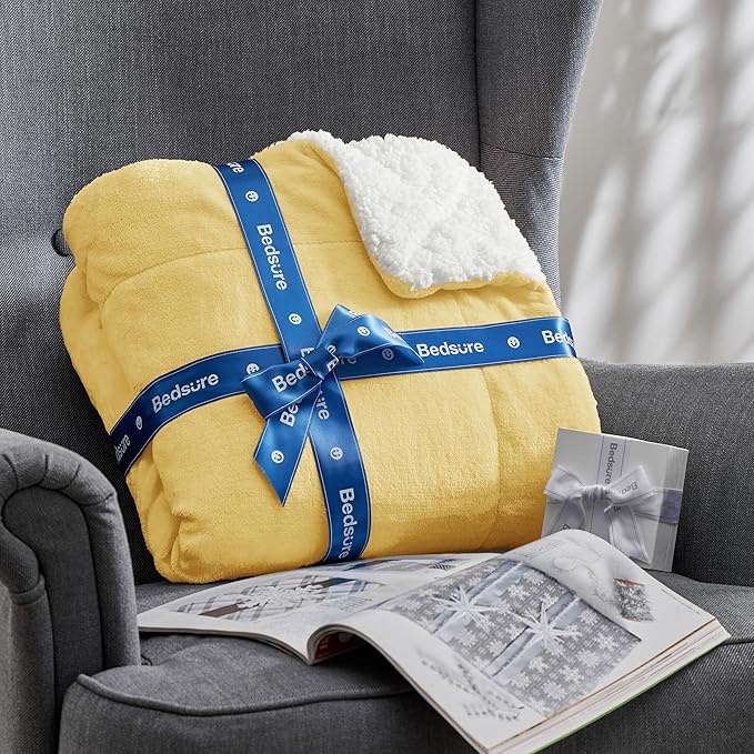 Bedsure GentleSoft Sherpa Fleece Blankets Queen Size for Bed - Thick and Warm Throw for Women and Men, Soft Fuzzy Plush Queen Blanket for Winter, Yellow, 90x90 Inches