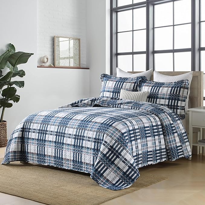 Quilts Queen Size, Cotton Queen Size Comforter Set, Blue White Striped Bedding Sets, Plaid Queen Bedspread,Striped Bed Set Lightweight Reversible All Season 3 Piece