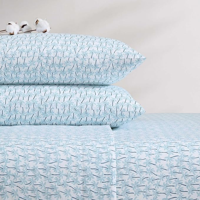 Tommy Bahama - Queen Sheet Set, Super Soft Cotton Percale Bedding with Matching Shams, Tropical Bedding Set, Oeko-Tex Certified (Palmtastic Blue, Queen)