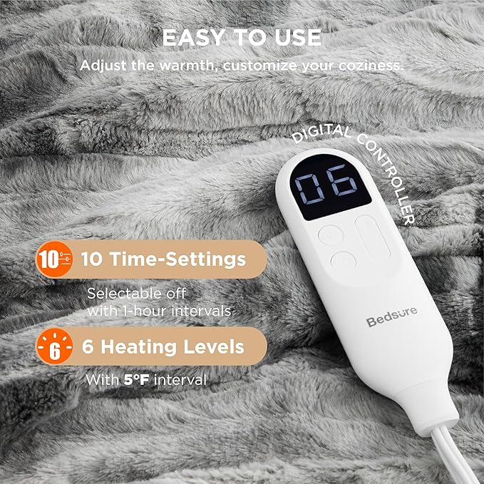 Bedsure Faux Fur Heated Blanket Full Size, Fast Heating Electric Blanket Full Size with 6 Heating Levels & 10 Time Settings, Cozy Gifts for Women Men (72x84 inches, Grey)