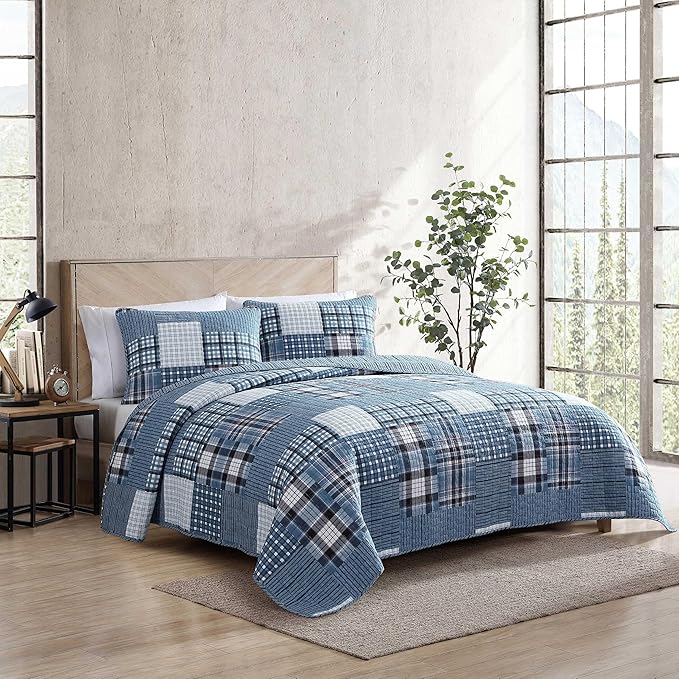 Eddie Bauer - Twin Quilt Set, Reversible Cotton Bedding with Matching Sham, Patchwork Plaid Bedding Set (Hawthorne Blue, Twin)