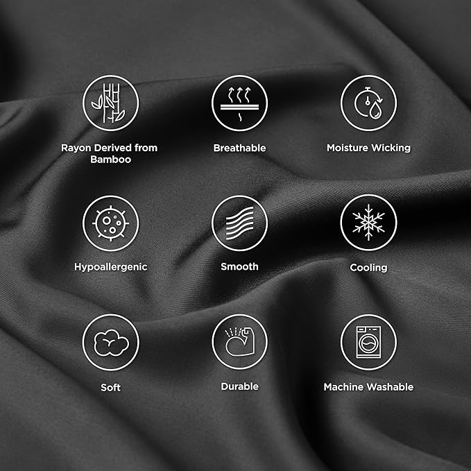 Bedsure Pillow Cases Queen, Cooling Pillow Cases, Rayon Derived from Bamboo Black Pillowcases Queen Size Set of 2, Silky Soft & Breathable Bedding Pillow Covers with Envelope Closure, 20x30 Inches