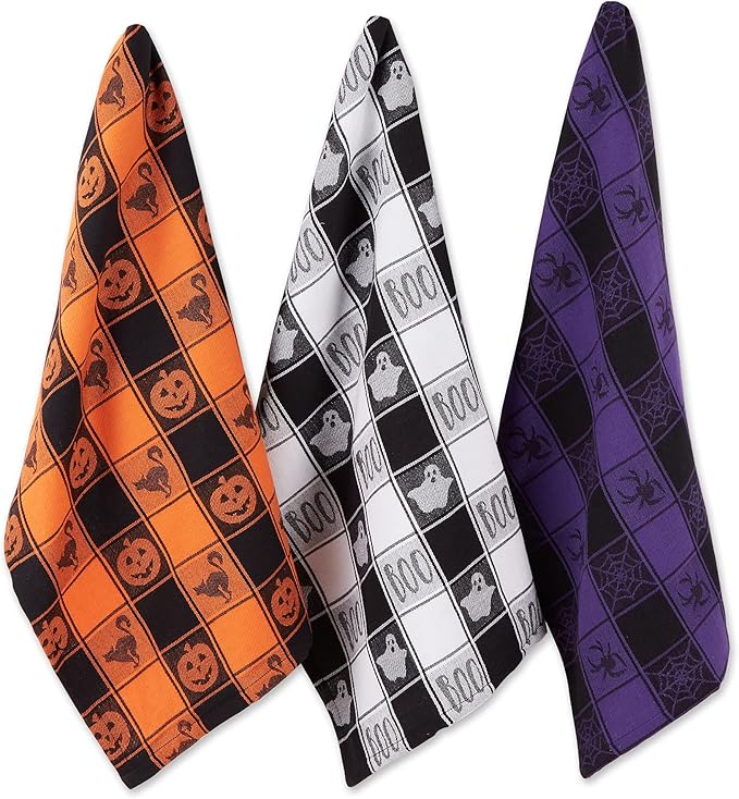 DII Halloween Collection Embellished Dishtowel Set, 18x28, Woven Check 3 Piece