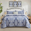 100% Cotton Quilt Set Queen Size - Damask Pattern Quilted Comforter, Vintage Reversible Queen Quilt Bedspread, Lightweight Bedding for Queen Bed, 3pcs, Blue