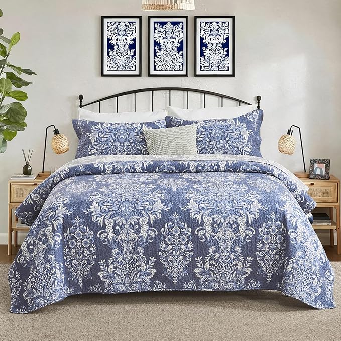 100% Cotton Quilt Set Queen Size - Damask Pattern Quilted Comforter, Vintage Reversible Queen Quilt Bedspread, Lightweight Bedding for Queen Bed, 3pcs, Blue