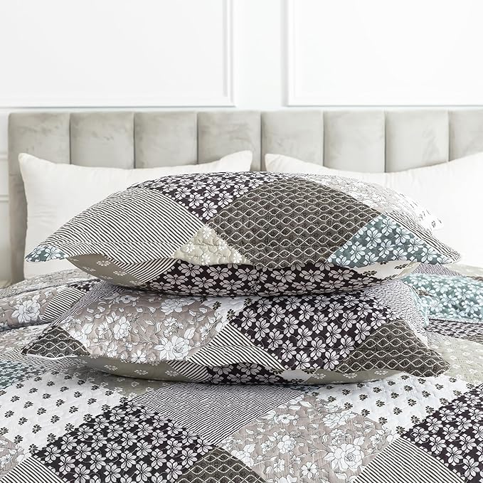 HoneiLife Queen Size Quilt Set - 3 Piece Microfiber Quilts Reversible Bedspreads Patchwork Coverlets Rustic Bedding Set for Queen Bed