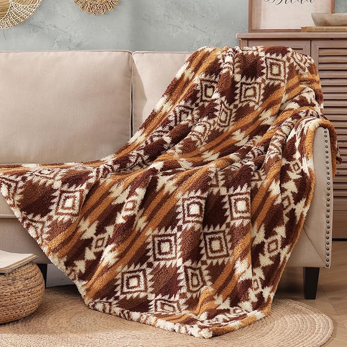 CASAAGUSTO Boho Sherpa Blanket, Aztec Twin Blanket,Ultra Soft, Warm, Cozy, Plush, Thick Fleece Throw Blanket for Couch, Bed, Sofa (Terracotta 60 * 80 Inch)