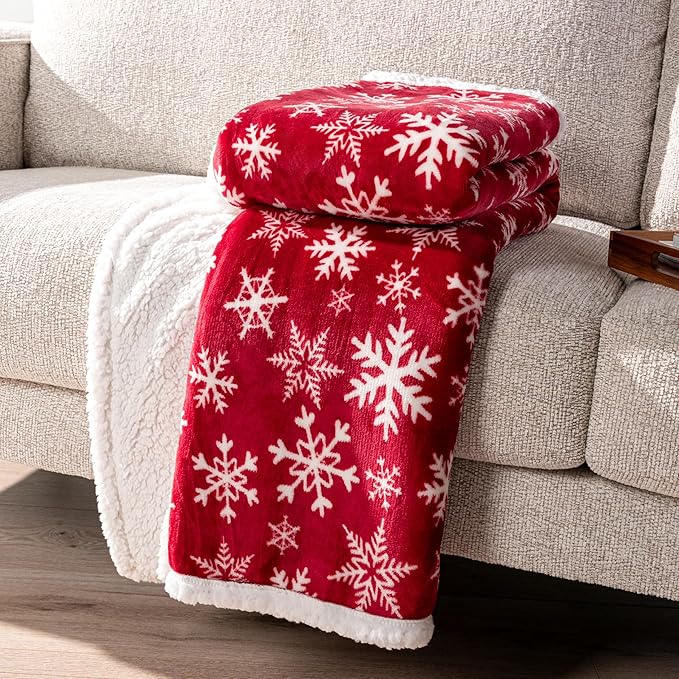 PAVILIA Premium Christmas Sherpa Throw Blanket | Red Snowflake Decoration, Fleece, Plush, Warm, Cozy Reversible Microfiber Holiday Blanket 50 x 60