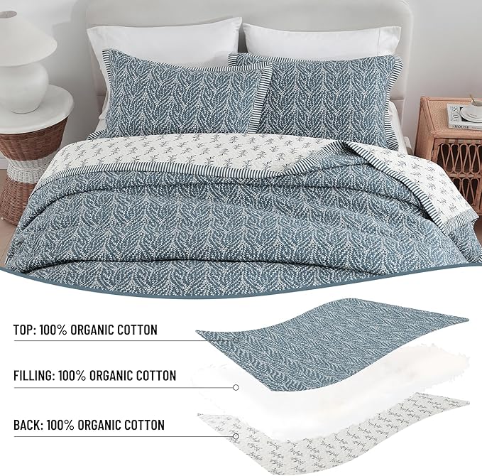 Quilt Set Queen Size - 100% Cotton Blue and White Quilt, Floral Reversible Bedspread Bedding Set, Lightweight Botanical Pattern Coverlet with 2 Pillow Shams, 3-Piece All Season, 90x98