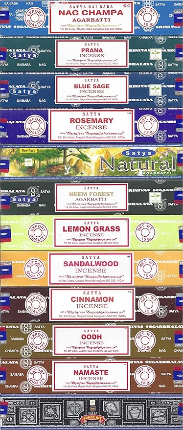 Satya Bangalore (BNG) Incense Set of 12 Nag Champa Namaste Super Hit Neem Forest Prana Oodh Sage Cinnamon Lemongrass Rosemary Natural Sandalwood, VarietyPack05
