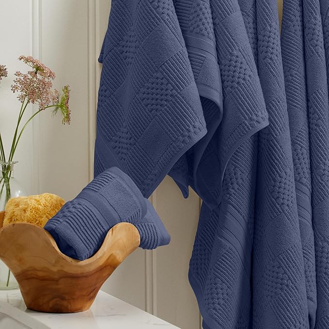 Springtree Home 100% Cotton Bath Towel Set of 4 | Blue Towels | Geometric Textured Design | Absorbent & Quick-Dry | 4 Bath Towels | Oeko-TEX® Standard 100 Cotton | Myla Collection - Indigo
